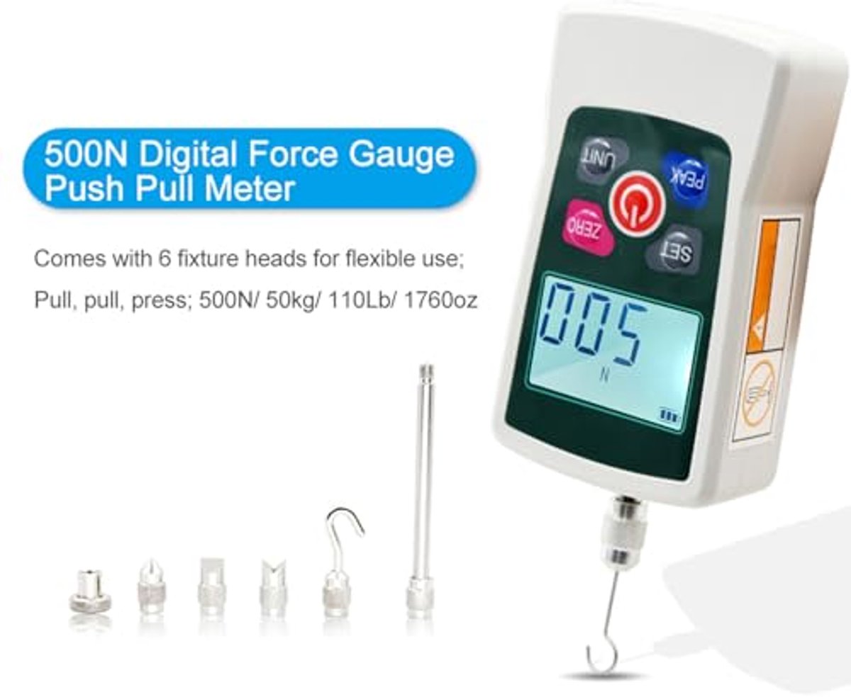 Digitale Krachtmeter, 500N Push-pull-meter Draagbare Krachtmeter met Eenheden N/LB/Kg/Oz, Scherm met Achtergrondverlichting en Automatische Uitschakeling, Draagbare Push-pull-meter
