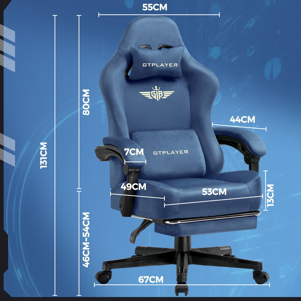 GTPLAYER - Gamingstoel Bureaustoel - Met 160° Verstelbare Rug en Voetensteun - Blauw – foto 8