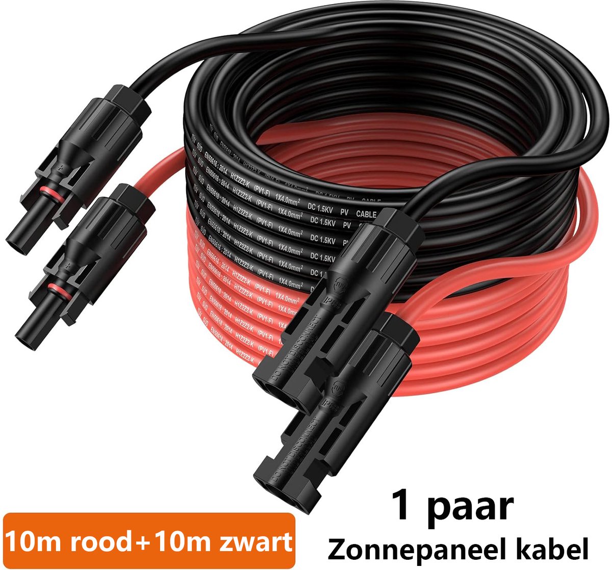 4 mm² -1 paar 10 meter Rood + 10 meter zwart - MC4 verlengkabel - Zonnepaneel kabel - Solar kabel - Fit MC4 mannelijk naar MC4 vrouwelijk