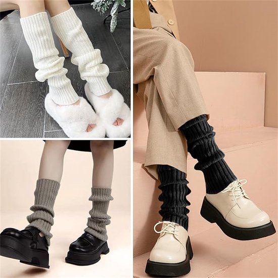 Dames in witte, grijze en zwarte beenwarmers met verschillende schoenen en kleding.