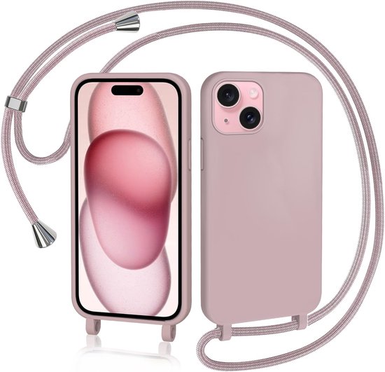 Coque rose pour iPhone avec cordon réglable.