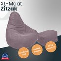 XL-formaat zitzak van corduroy stof in mauve met bijpassend voetenbankje.