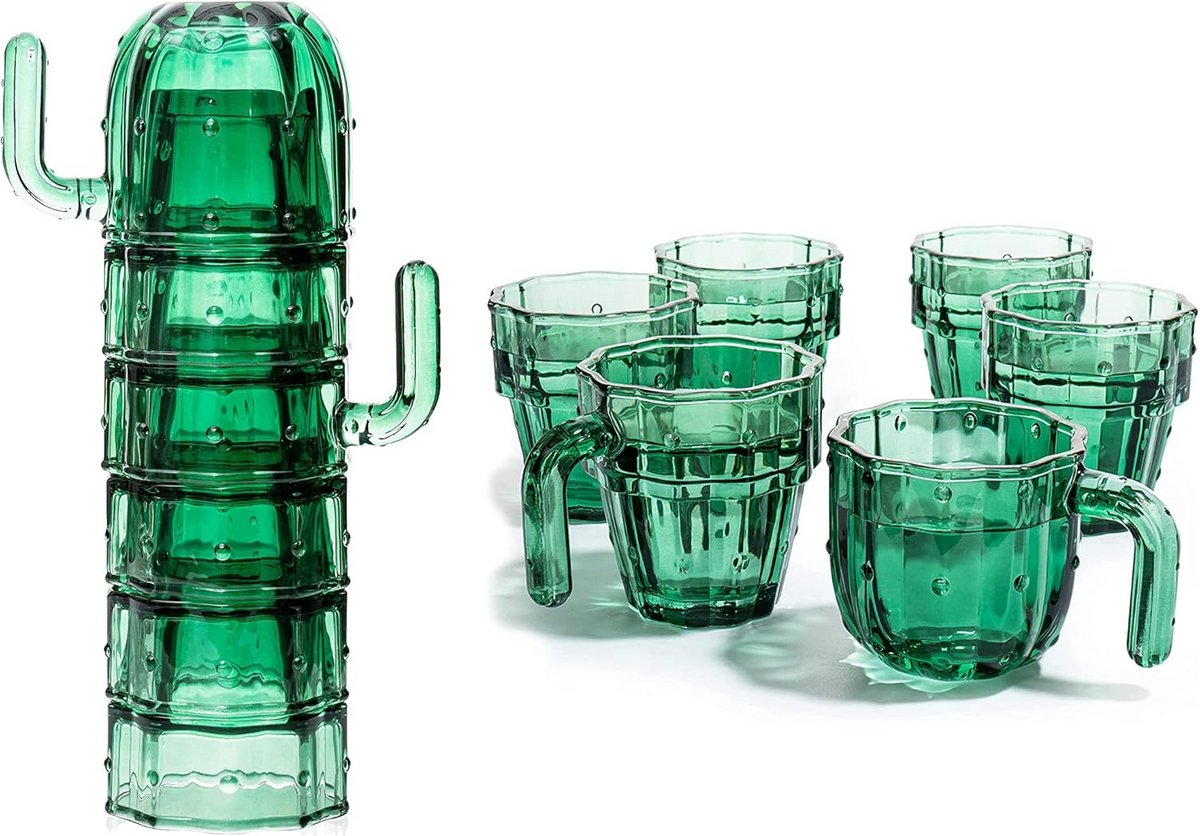 Set van 6 Stapelbare Glazen in Cactusvorm - Handgeblazen Groen Glas - Uniek Drankservies