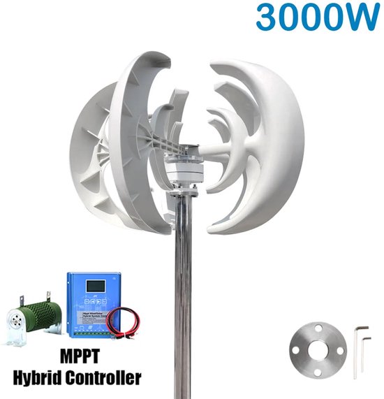 3000W Hybride Windturbine – Verticale As Generator – Zonne-energie Systeem – Accu-opslag – Omvormer – 48V Wit – MPPT Boost Controller – Geruisloos & Duurzaam