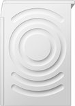Zij-aanzicht van een witte Bosch wasmachine met een cirkelvormig, golvend reliëfontwerp op de zijkant.