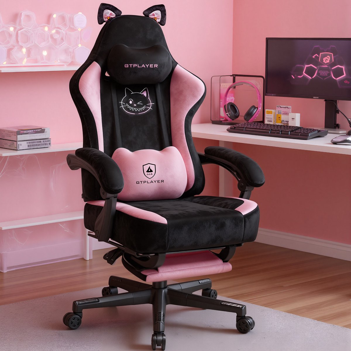 GTPLAYER - Game-stoel - Met Fluweel Stof Kattenoren en Memory Foam - Roze