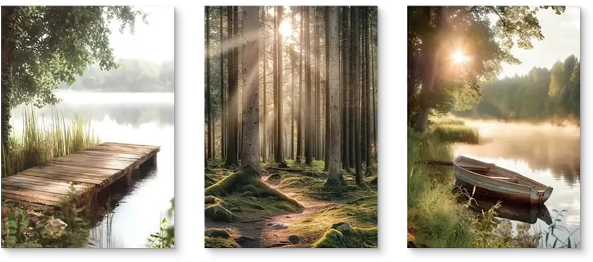 Unyqoos Set van 3 Kunstzinnige Natuurlandschap Posters voor Sfeervolle Interieurdecoratie groen
