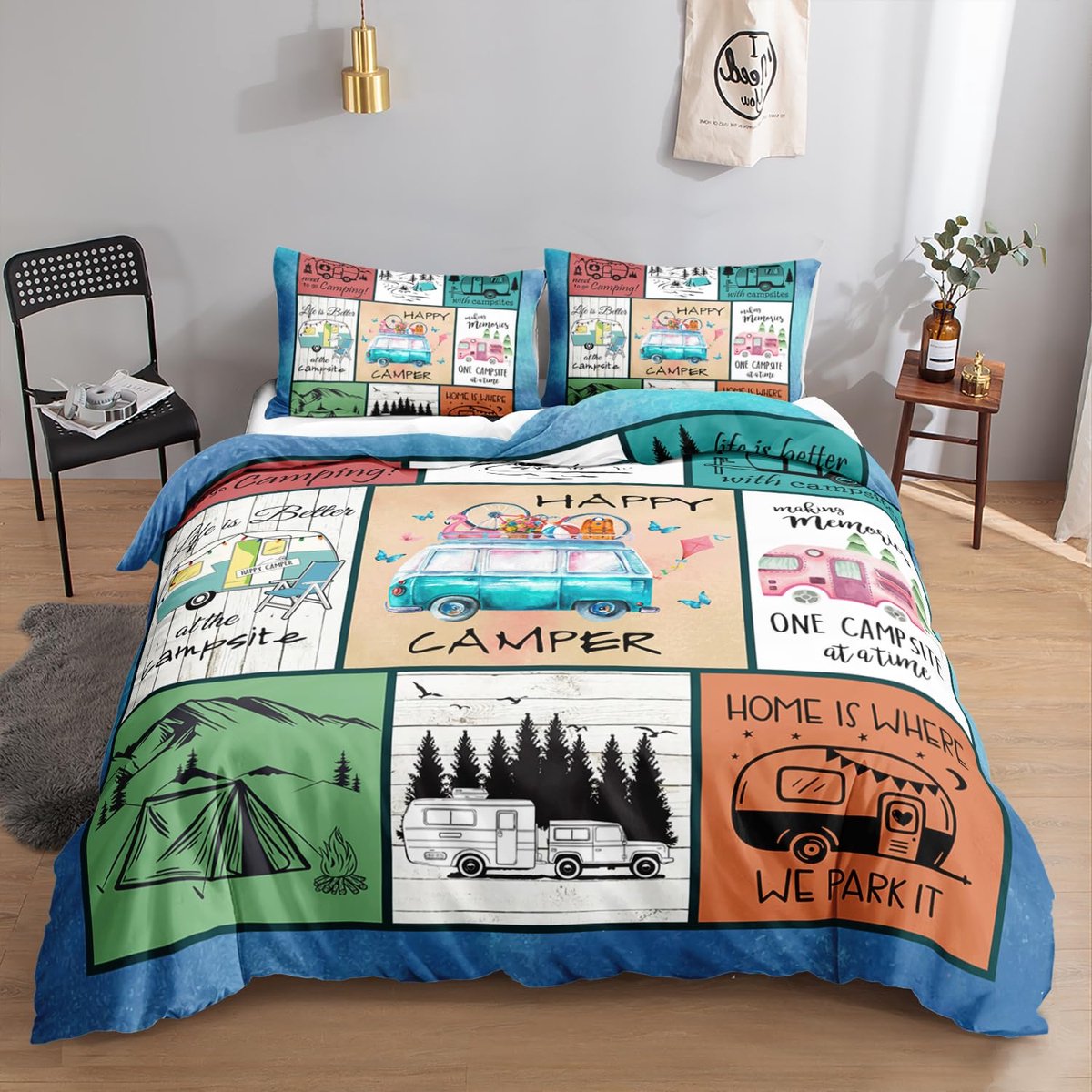 Unyqoos Stijlvolle beddengoedset met campingwagen print voor eenpersoonsbed 135x200 cm retro campingwagen