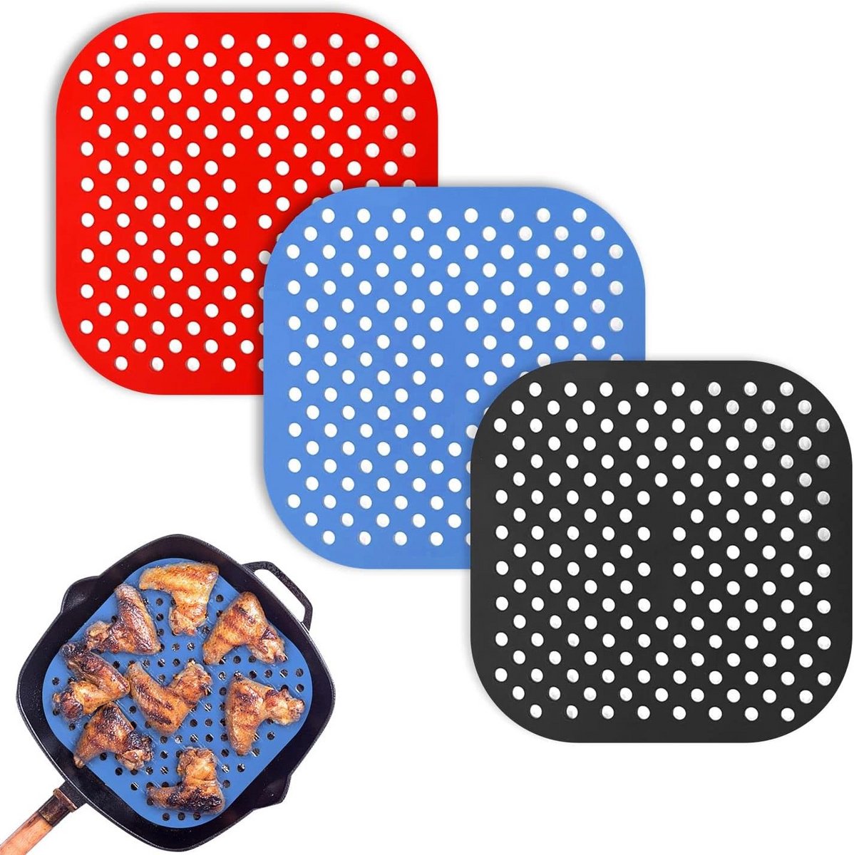 3x Herbruikbare Luchtfriteuse Mat - Vierkant Antiaanbakmand Liner voor Airfryer & Stoomoven