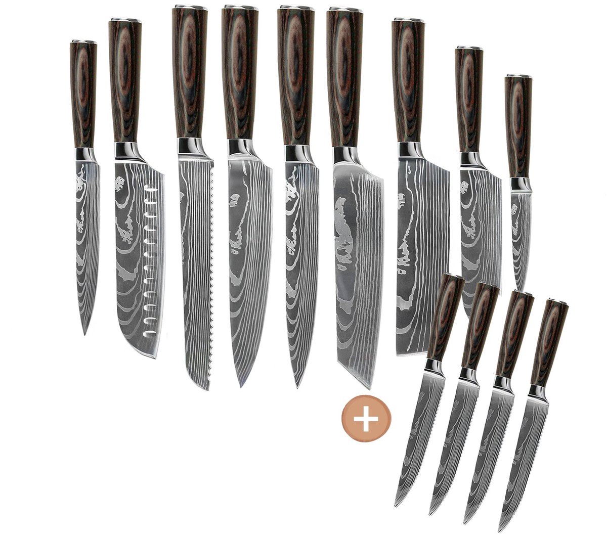 Shinrai Knives - Damascus Print 13-delige Messenset - Master collection XL set - Koksmes - Vleesmes - Hakmes - Broodmes