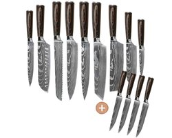 Shinrai Knives - Damascus Print 13-delige Messenset - Master collection XL set - Koksmes - Vleesmes - Hakmes - Broodmes