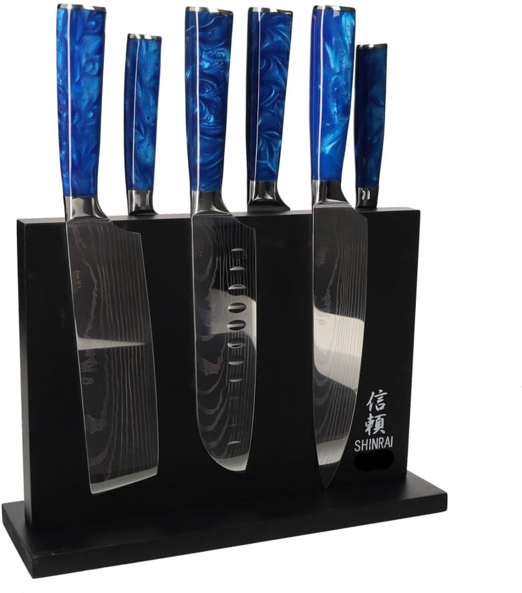Shinrai Knives - Epoxy Sapphire Damascus Print 6-delige Messenset + Magnetisch Messenblok Dubbelzijdig - Zwart - Vleesmes - Hakmes