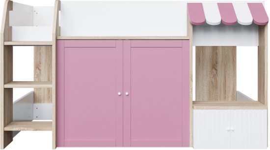 Lit enfant lit maison 90x200, avec espace de rangement ouvert, avec échelle d'escalade, lit mezzanine enfant mi-hauteur, lit superposé enfant en bois massif sans matelas, couleur bois + rose