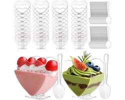 Plastic dessertbekers met lepels - herbruikbare dessertkommen - transparante hartvormige parfaitkommen, geschikt voor taart, ijsproeverijen en buffetten.