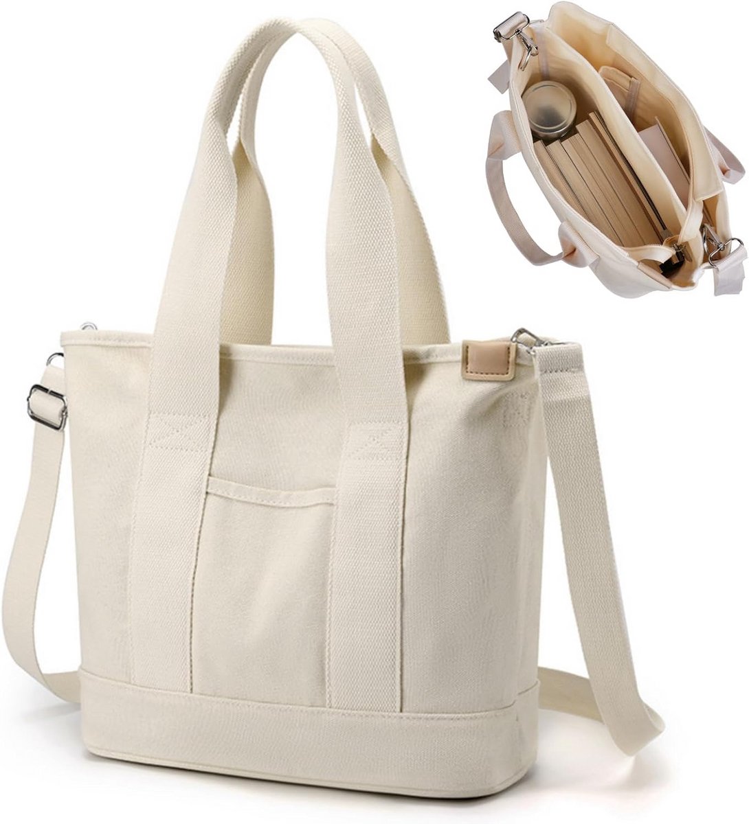 Grote Canvas Tote Bag met Rits en Veel Vakken voor Dames