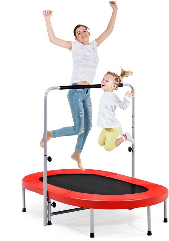 COSTWAY Trampoline voor 2 personen, met in hoogte verstelbare handgreep, mini-trampoline tot 150 kg belastbaar, kindertrampoline inklapbaar, tuintrampoline voor kinderen en volwassenen (rood)