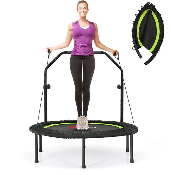 COSTWAY φ101 cm Fitmess trampoline, mini-trampoline met in hoogte verstelbare handgreep en 2 weerstandsbanden, kindertrampoline opvouwbaar, tuintrampoline tot 150 kg belastbaar, voor volwassenen en