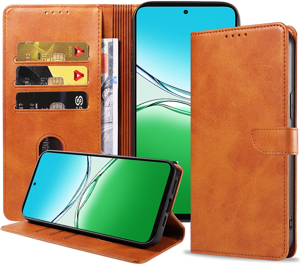 Geschikt voor Oppo A5 Telefoonhoesje Kunstleer met Magnetisch lipje en Pasjeshouder Book Case met Klepje - Walletcase with Cardslot - Bruin - Smartphonica geschikt voor Oppo A5