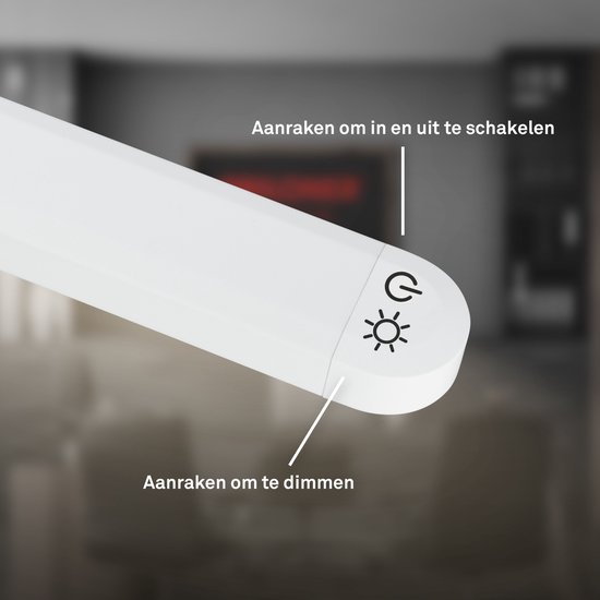 Close-up van de lampkop met touch-bediening om aan/uit te schakelen en te dimmen.