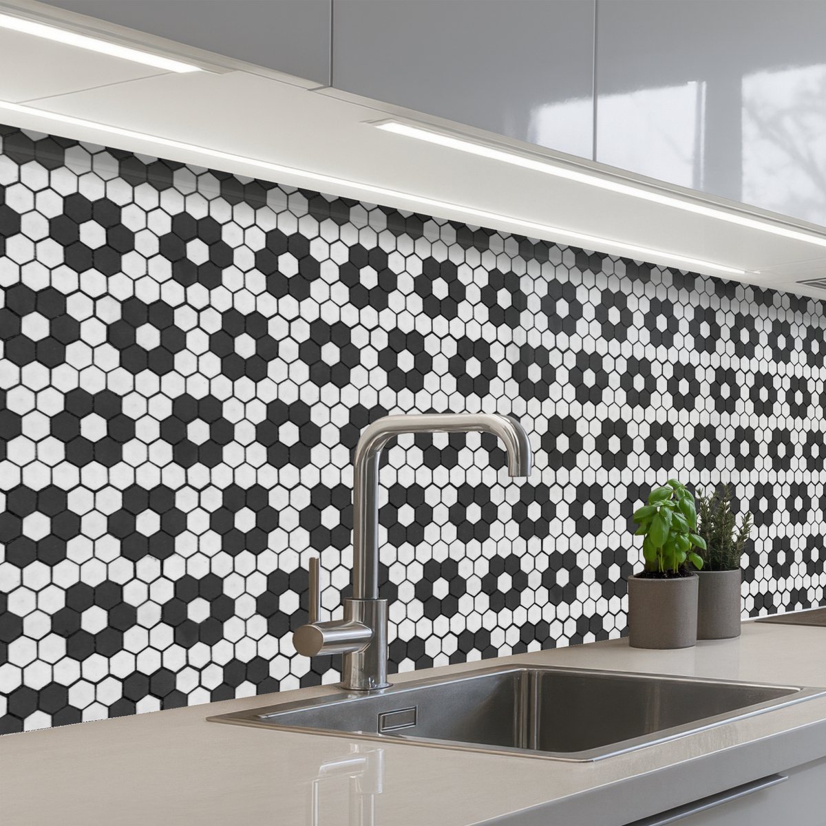 Keuken achterwand 300x80 cm - Spatscherm zelfklevend Bloem - Vorm - Patroon - Zwart - Muurbeschermer - Spatwand fornuis