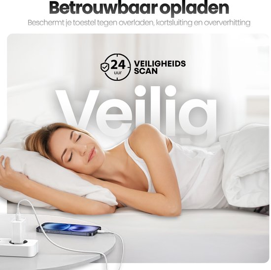 Witte USB-C oplader laadt een smartphone op terwijl een vrouw slaapt, met 'Veiligheidscan 24 uur'.