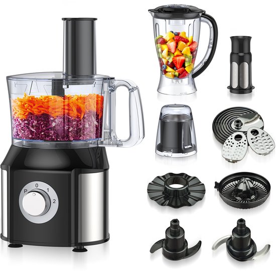 Royal Swiss® Foodprocessor 5-in-1 – 550W – Keukenmachine met Blender, Hakmolen, Citruspers & Snij-/Raspbladen – 2 Snelheden + Pulse – Black Edition
