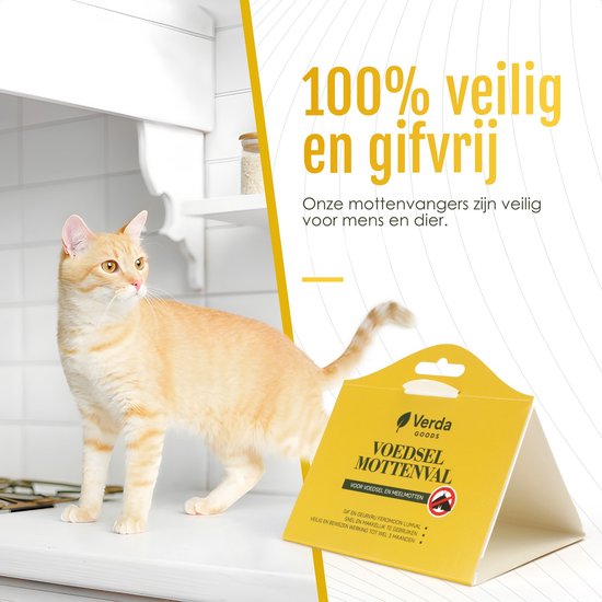 Gele mottenval naast een zandkleurige kat, met het opschrift '100% veilig en gifvrij'.