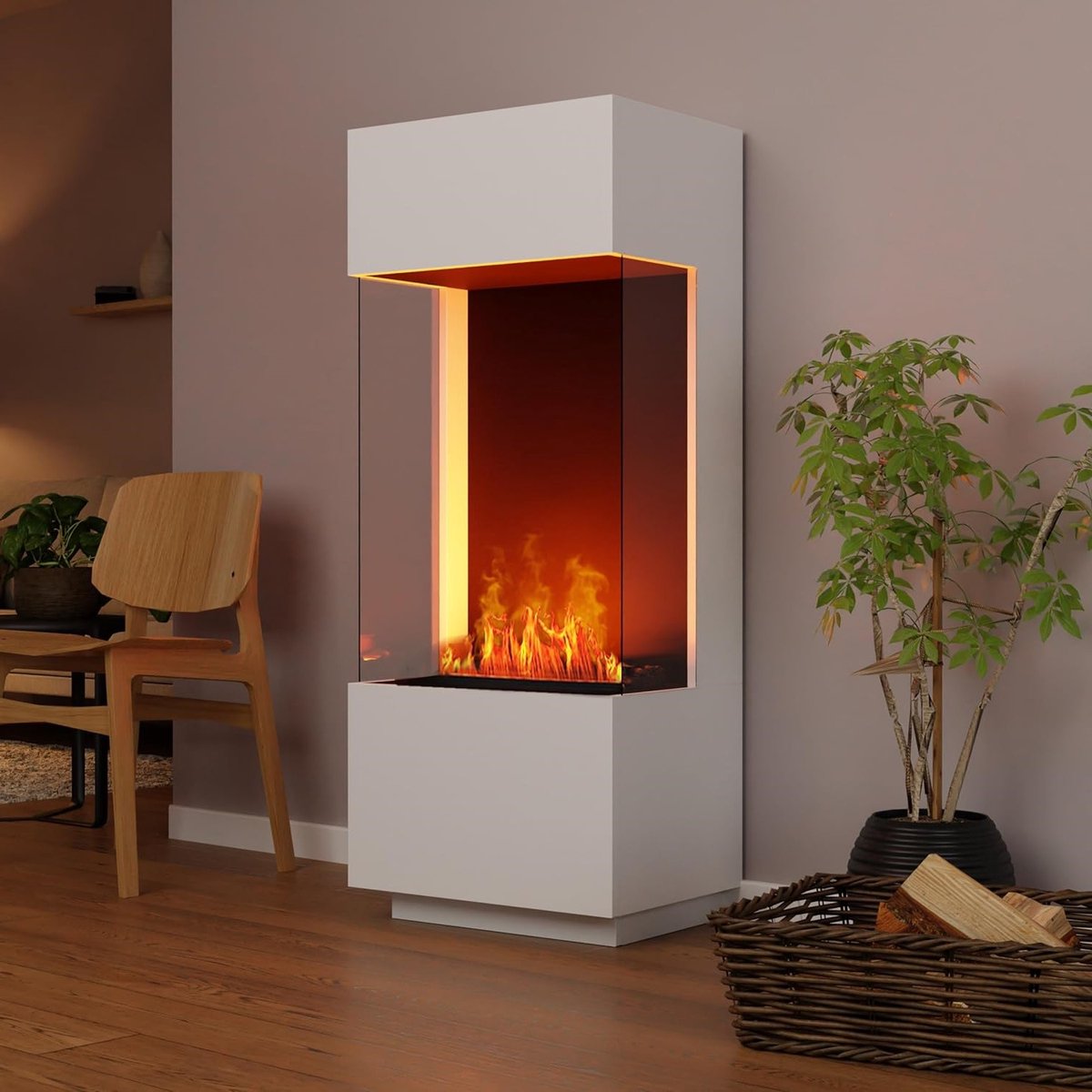 Elektrische Waterdamp Staande Haard TasalFurniture GlowFlame 3D – Vrijstaande Elektrische Kachel met Realistische LED Vlammen, Knisperend Geluid, Afstandsbediening, Modern Wit 55x136x40 cm – Opti-Myst® Waterdamp Technologie