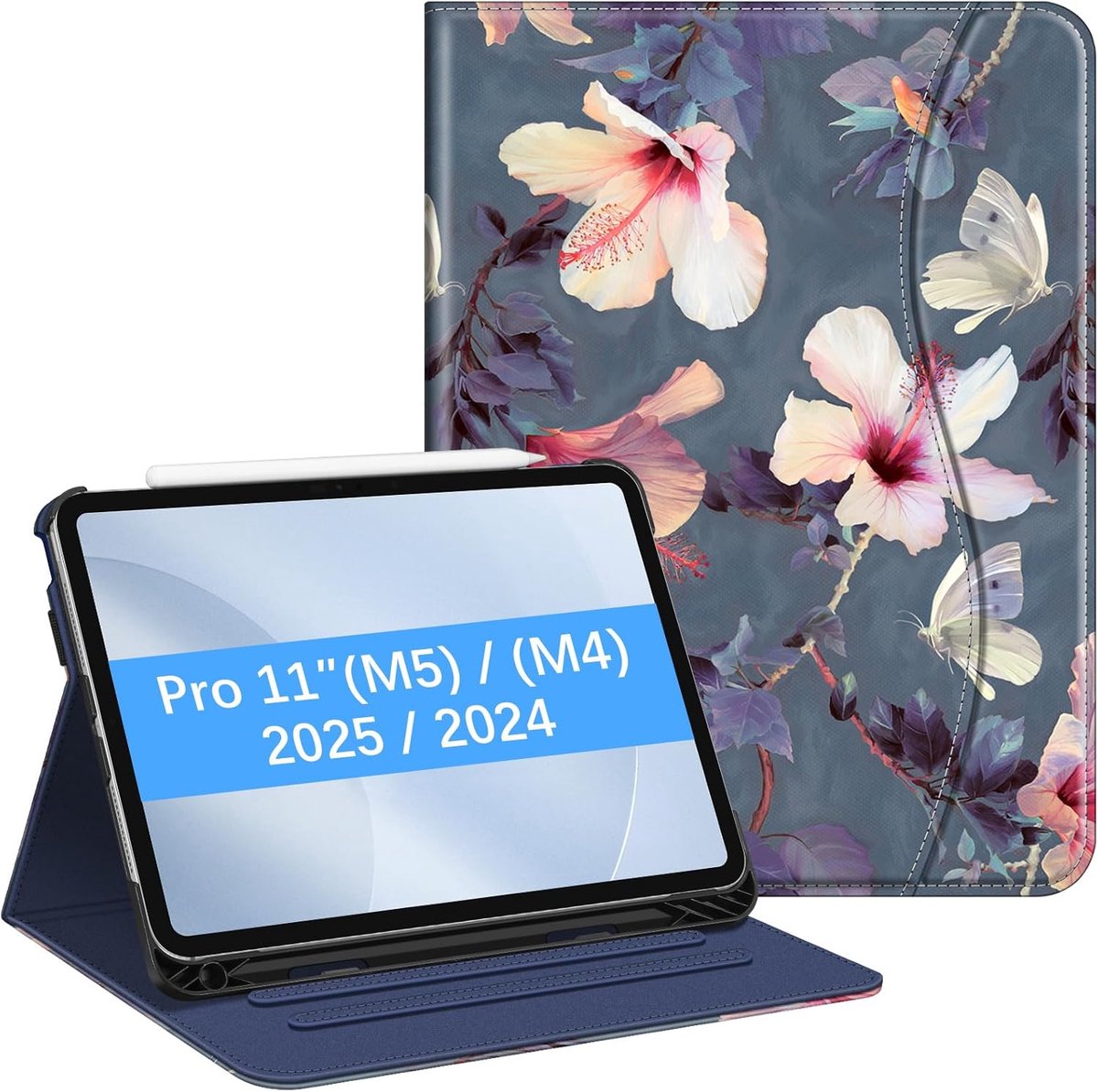 Zandarix Geschikt voor Apple iPad Pro 11 M5 2025 - Folio Book Case - Automatische Slaap/Waak Functie - Meerdere kijkhoeken - Smart Beschermende Stand Cover - Potlood Houder - Tablethoes - Blooming Hibiscus