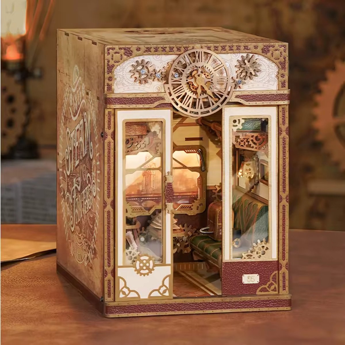 Tonecheer Steam Fantasy Book Nook Bouwpakket - Modelbouw - 15,8 x 22,4 x 22,5 cm - Houten 3D Puzzel - Boekensteun - LED-licht - Bewegingssensor Licht - Boekenhouder — afbeelding 8