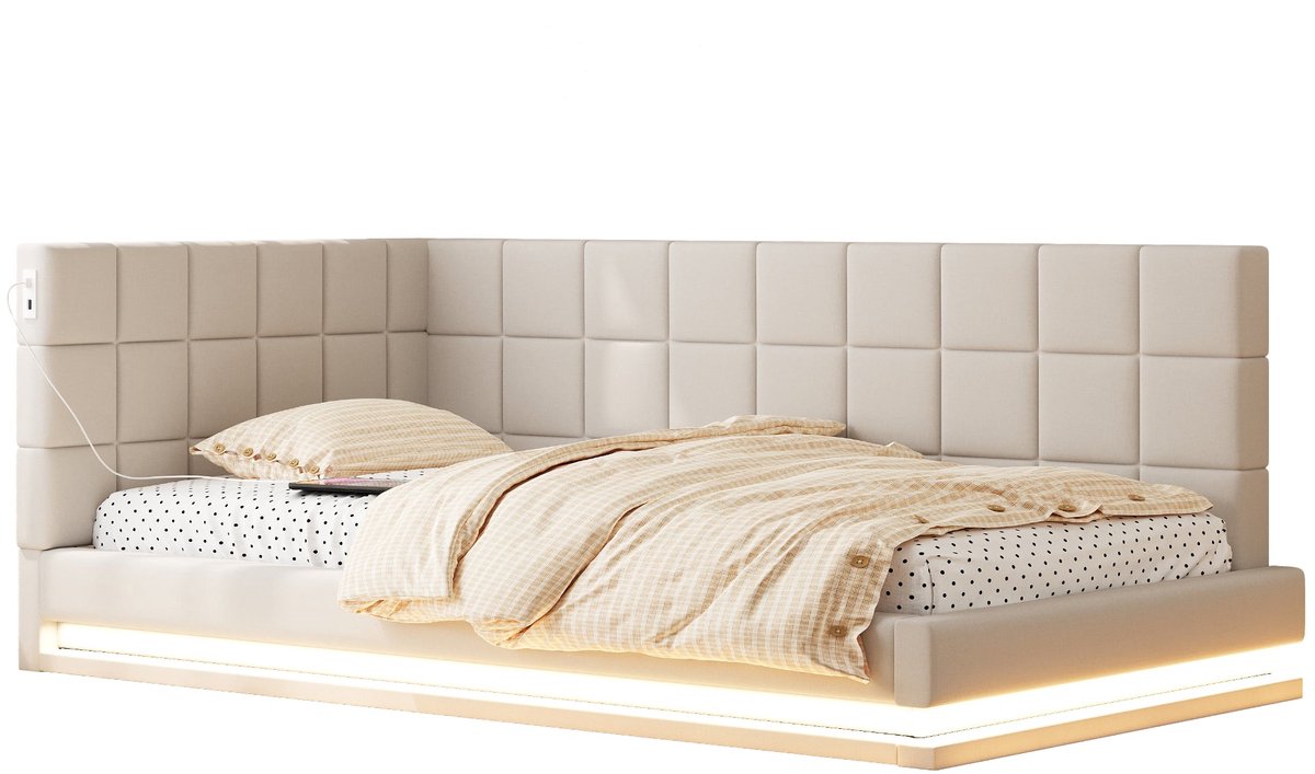 Merax Slaapbank 90x200 - Gestoffeerd Bed van Linnen - LED Verlichting met Afstandsbediening en USB-poort - Beige - Inclusief Houten Lattenbodem