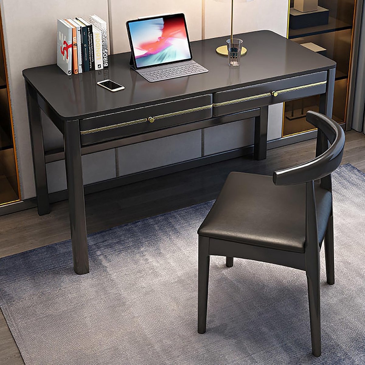 Novara Modern Mid-Century Bureau van Massief Hout met 2 Lades 100x60x75 cm – Groot Stabiel Computerbureau & Studeertafel voor Thuiswerk of Kantoor – Zwart – Novihome