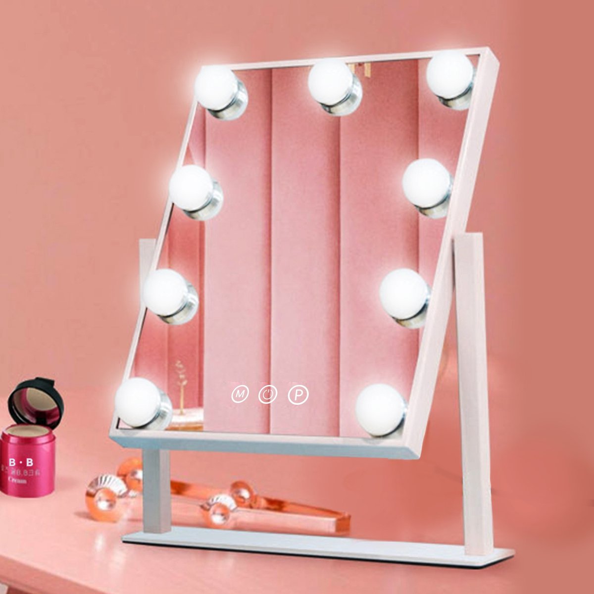 CHIWIN Hollywood Spiegel met Verlichting - 9 LED Makeup Lampen Spiegel Vierkant - 360° Draaibaar Visagie Spiegel - 3 Kleurtemperaturen - Aanraakbediening Tafelspiegel - Kaptafel Spiegel met Geheugenfunctie - Wit