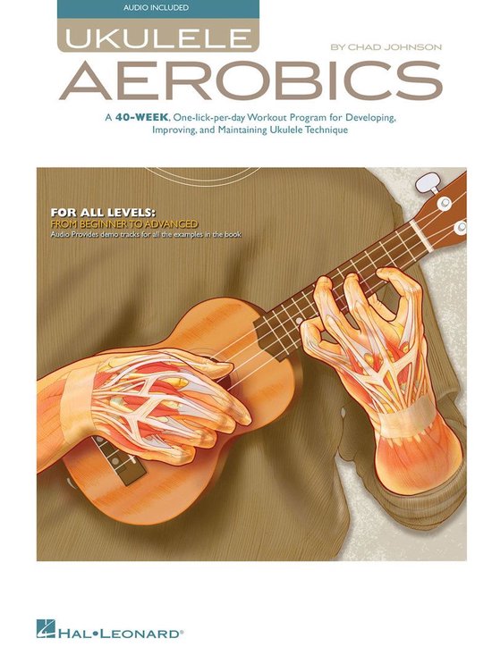 Couverture du livre 'Ukulele Aerobics' avec une illustration de mains tenant un ukulélé, montrant des détails anatomiques de muscles et tendons.