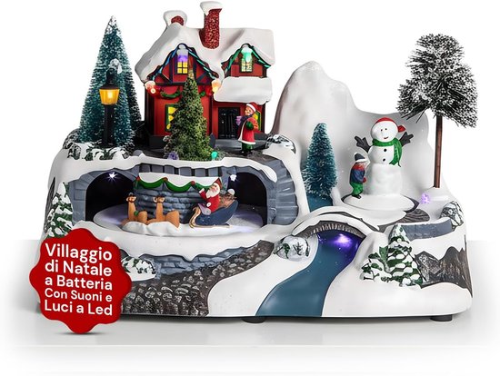 Luxe Verlicht Kerstdorp met Kerstmuziek – Rijdende Trein, Draaiende Schaatsbaan & 15 LED-Effecten Handgemaakte Miniatuur met Vrolijke Liedjes, Fiber Optic Rivier & Kerstbomen – Ideaal voor Binnen, Eettafel, Hal en Magische Kerstsfeer met Familie