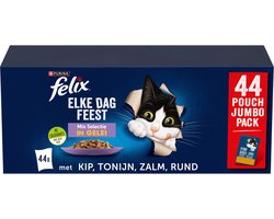 Felix Elke Dag Feest in Gelei Mix Selectie - Kattenvoer Natvoer - Tonijn Zalm Rund & Kip- 44 x 85 g