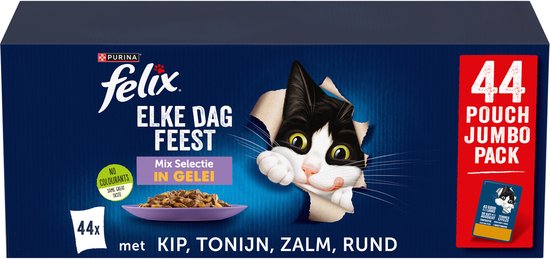 Felix Elke Dag Feest in Gelei Mix Selectie - Kattenvoer Natvoer - Tonijn Zalm Rund & Kip- 44 x 85 g