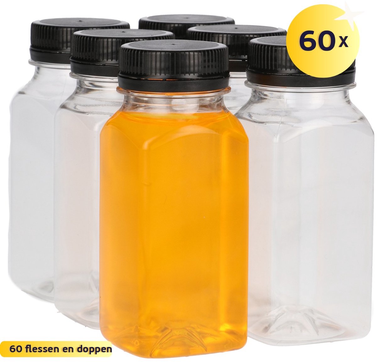 60 x Sapfles Plastic 75 ml - Vierkant - PET Flessen met Dop zwart- PET Kunststof BPA-vrij - Plastic Flessen Navulbaar - Met Dop - Lege Flessen - 60 stuks