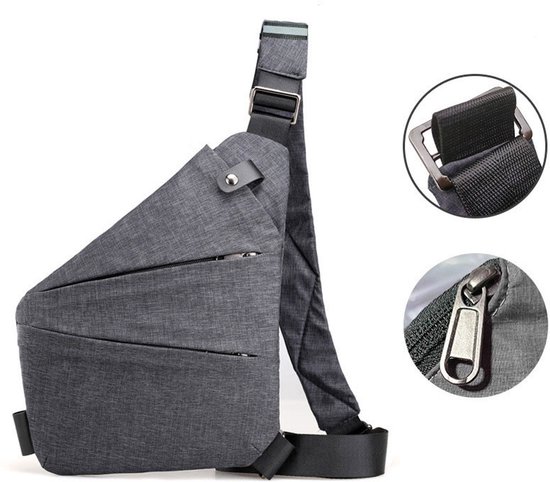 Sac bandoulière - Sac à épaule - Sac de poitrine - Sac de voyage - Pochette pour téléphone - Sac de voyage antivol - Sac portefeuille femme - Quatre poches - Bandoulière ajustable - Unisexe - Idéal pour les voyages, le sport et le travail - Grijs