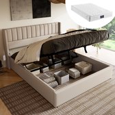 OKWISH Tweepersoonsbedden 140x200 cm - Opbergbed Met Hydraulisch Mechanisme En Lattenbodem - Gestoffeerd Bed Met Matras Voor Extra Opbergruimte - Linnen - Beige
