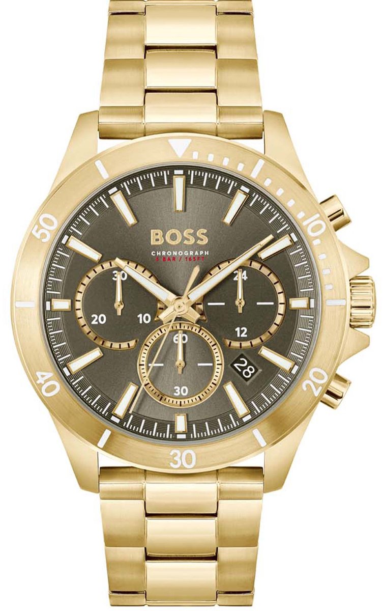BOSS HB1514059 TROPER Heren Horloge - Mineraalglas - Staal - Goudkleurig - 44 mm breed - Quartz - Vouw-Vlindersluiting - 5 ATM (douchen)