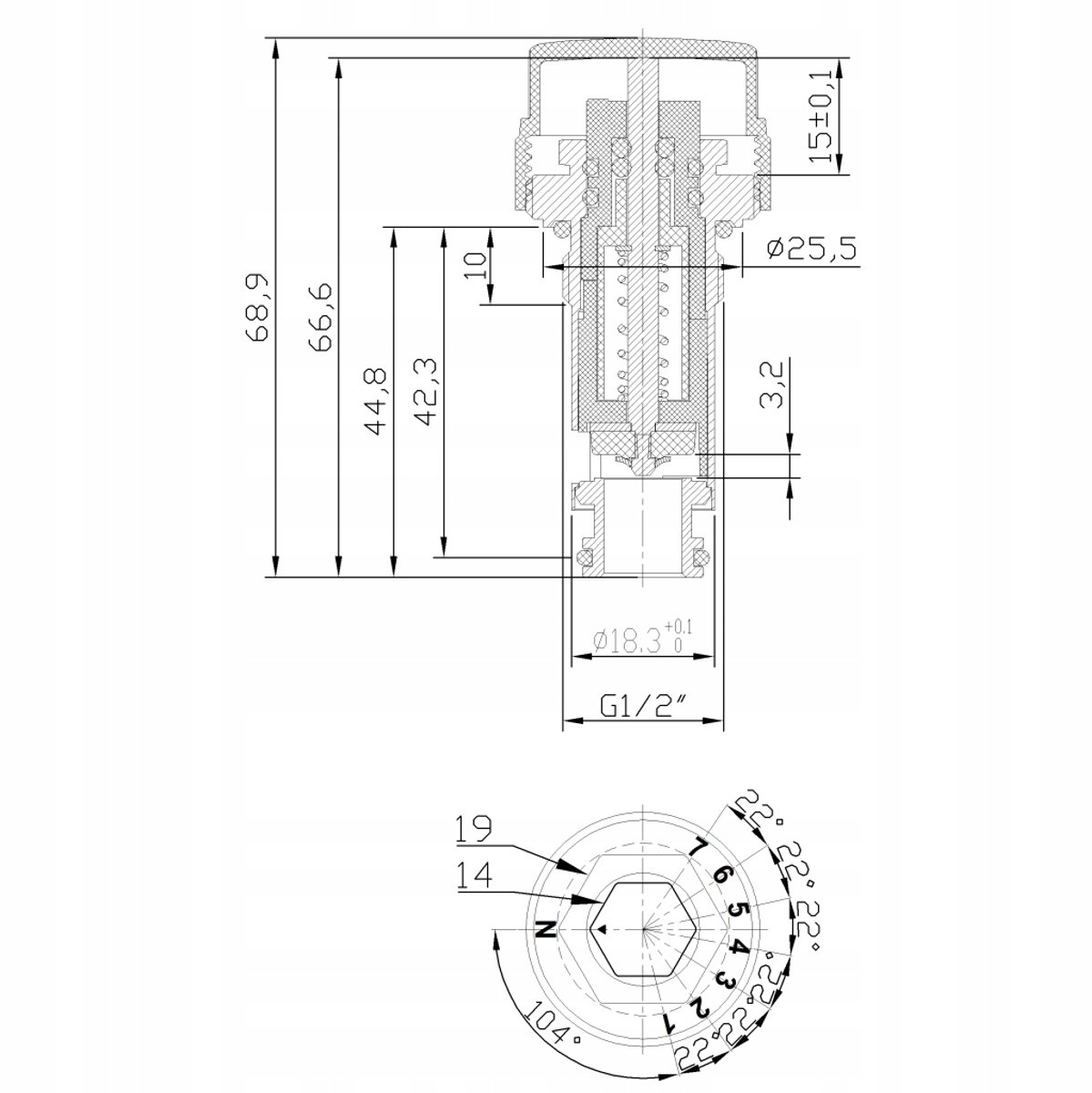Invena V-type radiator klep met vooringestelde flow, 3x3,5 cm