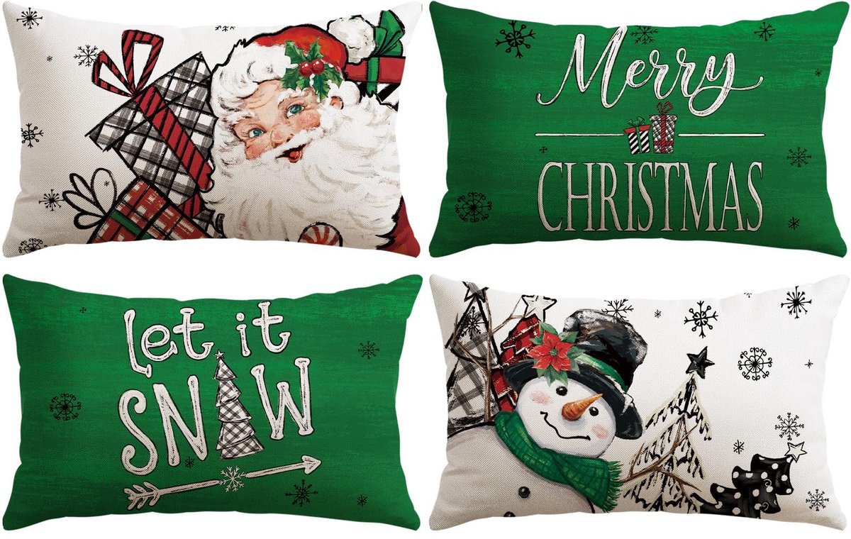 Unyqoos Set van 4 decoratieve kerstkussenhoezen met verborgen ritssluiting groen