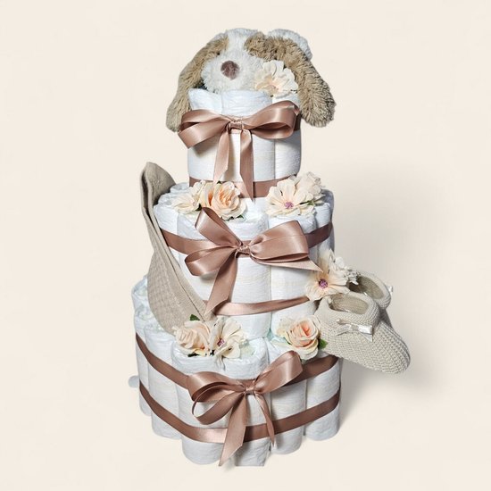 Foto: Luiertaart bruin 3 laags groot kraamcadeau met dog david van happy horse