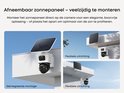 Beveiligingscamera met afneembaar zonnepaneel, geïntegreerde montage en flexibele uitrichting.