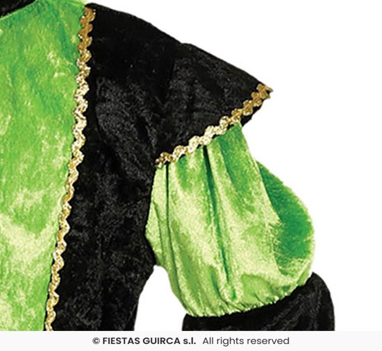Detail van een groene, pofmouw met gouden band en zwarte fluwelen mouw.