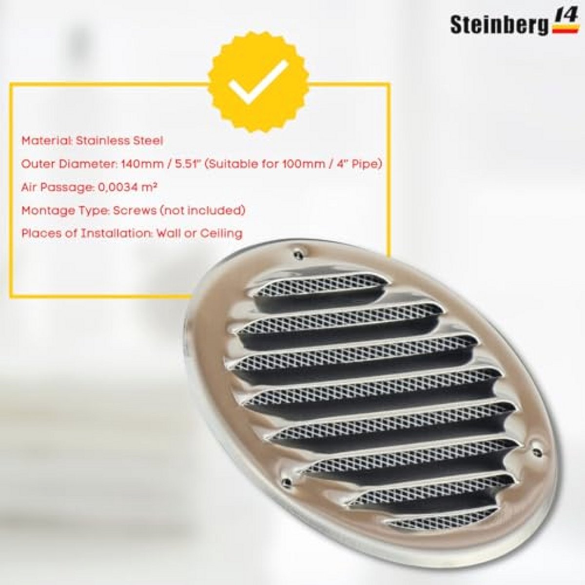 Rond Ventilatierooster 100mm met Insectengaas - Roestvrij Staal Luchtafvoerrooster