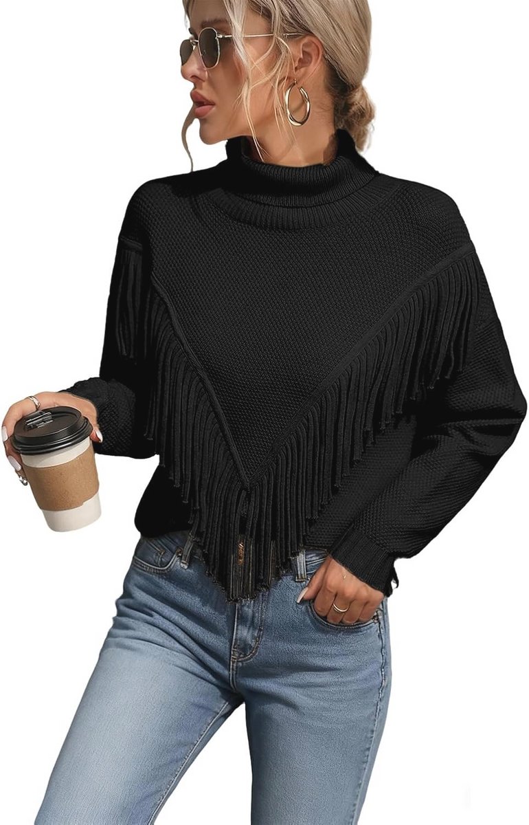 Lange coltrui dames met franjes - warme, slim fit pullover met lange mouwen
