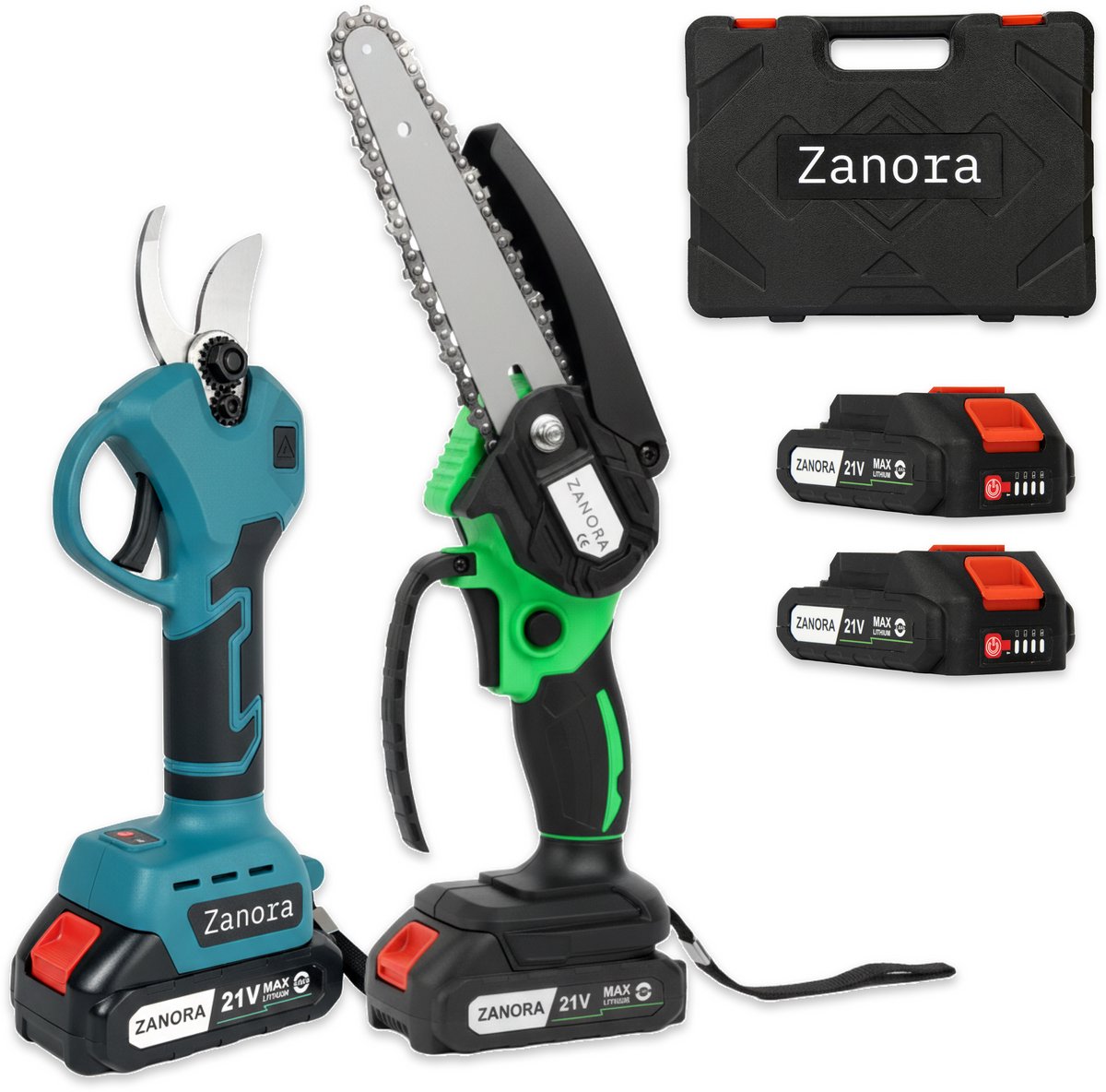 Zanora® Garden ZG1 + ZG2 - Snoeiset - Mini Kettingzaag en Snoeischaar - 4 Accu’s