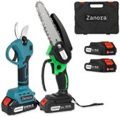 Zanora mini kettingzaag, snoeischaar, 2 accu's en opbergkoffer.